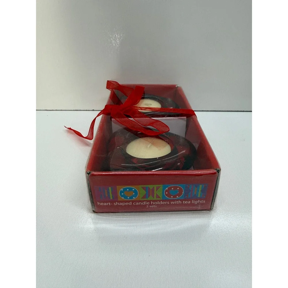 Devrian Global Red Glass Heart Candle Holders Set of 2 with Tea Lights 2954a